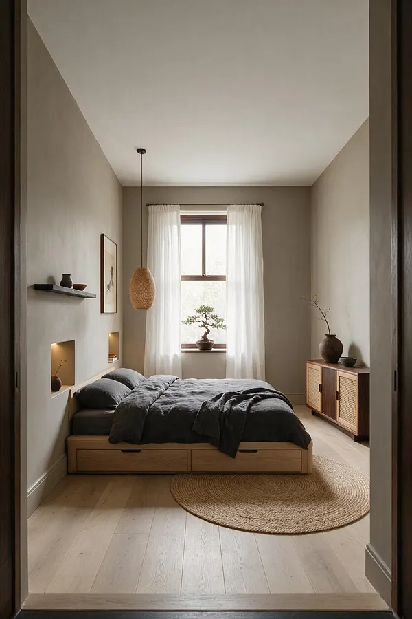 A calm Japandi bedroom with a low wood platform bed dressed in dark gray bedding, centered beneath a window with sheer white curtains. The room features pale walls, built-in wall niches, a woven pendant light, a jute rug, and a wood-and-rattan cabinet with minimalist decor.