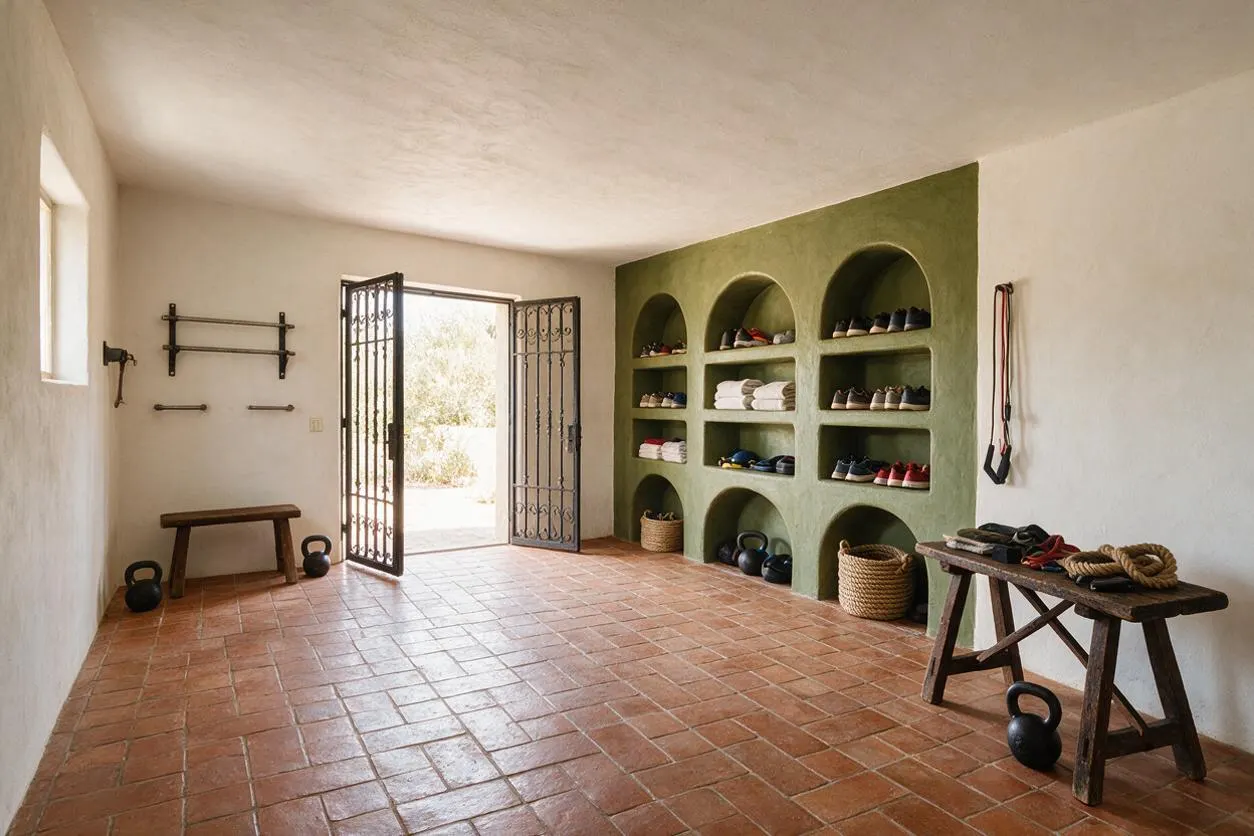 A Mediterranean-style home gym with terracotta tile floors, white plaster walls, and a green built-in storage wall featuring arched cubbies filled with shoes and towels. Rustic wooden benches, kettlebells, resistance bands, and an iron gate-style door opening to daylight complete the simple, airy space.