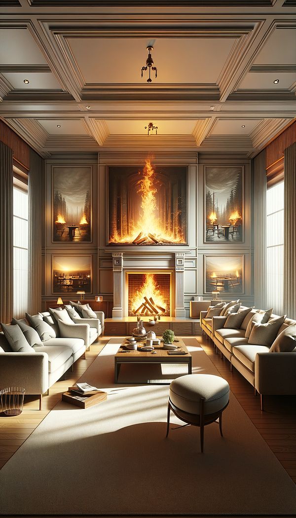 a cozy living room with a fireplace serving as the focal point, complemented by a large painting above it and comfortable seating arranged to face it