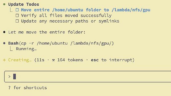 A terminal interface displaying a task to move a folder on a GPU server.