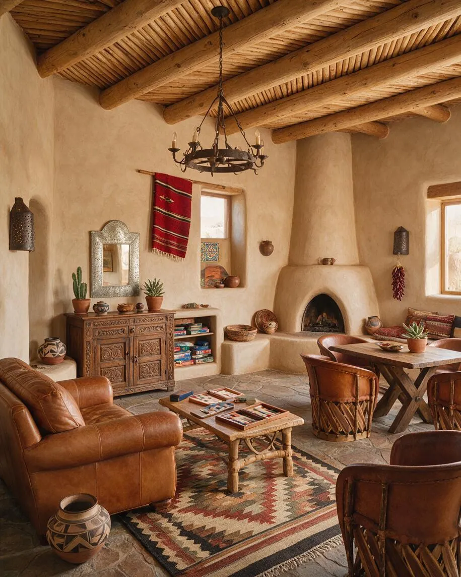A Southwestern-style game room with exposed wood beam ceilings, textured adobe walls, and a kiva-style fireplace. Leather seating, carved wood furniture, a patterned rug, and woven accents create a warm, rustic atmosphere.