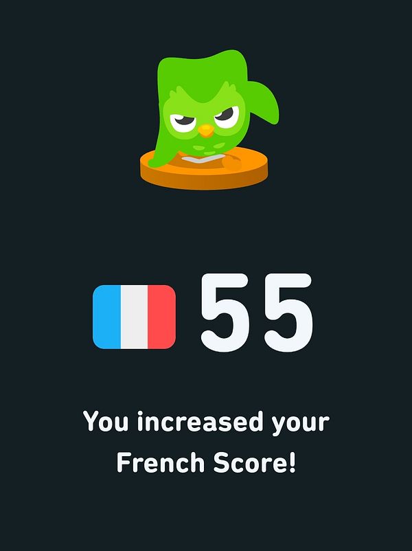 A Duolingo achievement screen displaying an increased French score.
