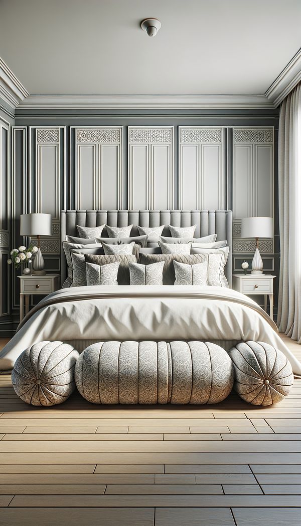 A beautifully styled bedroom featuring a large bed with crisp, white linen and multiple pillows, including two long, cylindrical bolsters placed at the front, elegantly upholstered in a pattern matching the room's color scheme.