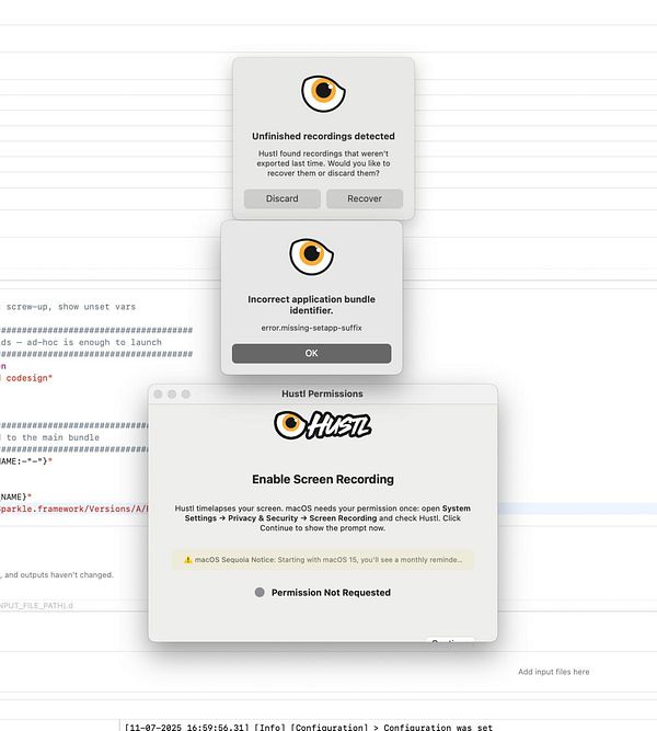 The image displays a series of error and permission prompts from the Hustl application related to screen recording and application bundle identification.