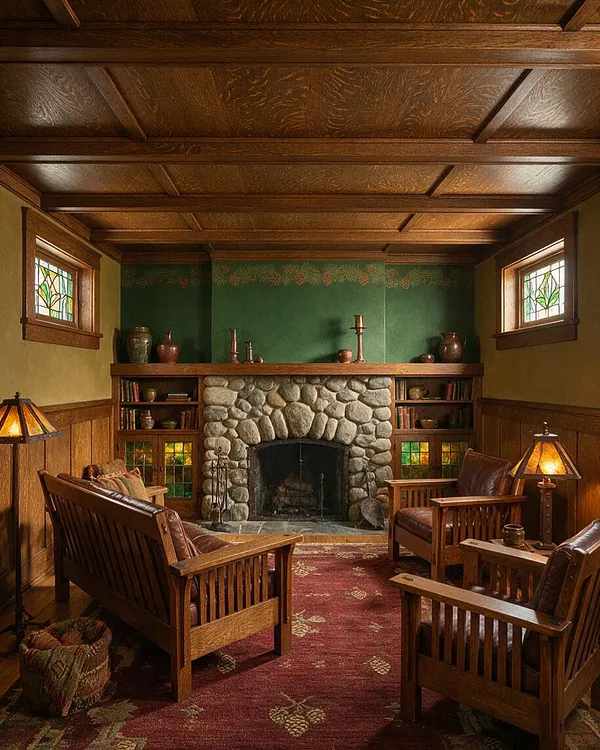 A cozy Craftsman-style basement sitting room with a stone fireplace centered on the far wall, flanked by built-in shelves and small stained-glass windows. Wood-paneled walls and a coffered wood ceiling create a rich, enclosed feel, while leather seating and warm lamps soften the rustic atmosphere.