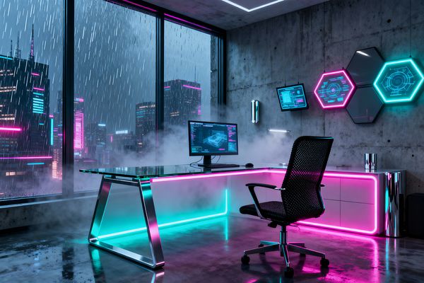 A futuristic home office overlooks a rainy neon city through floor-to-ceiling windows, with mist drifting around an L-shaped workstation that pairs a tempered glass top on chrome legs with a high-gloss white cabinet wrapped in cyan and magenta LED lighting. A black mesh task chair faces a single monitor as hexagonal acrylic panels and wall-mounted screens glow on the raw concrete wall, while polished concrete flooring and recessed ceiling light strips complete the scene.