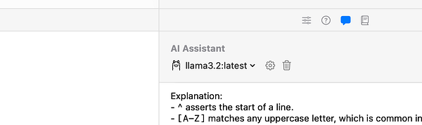 The image displays a user interface for an AI assistant with regex explanations.