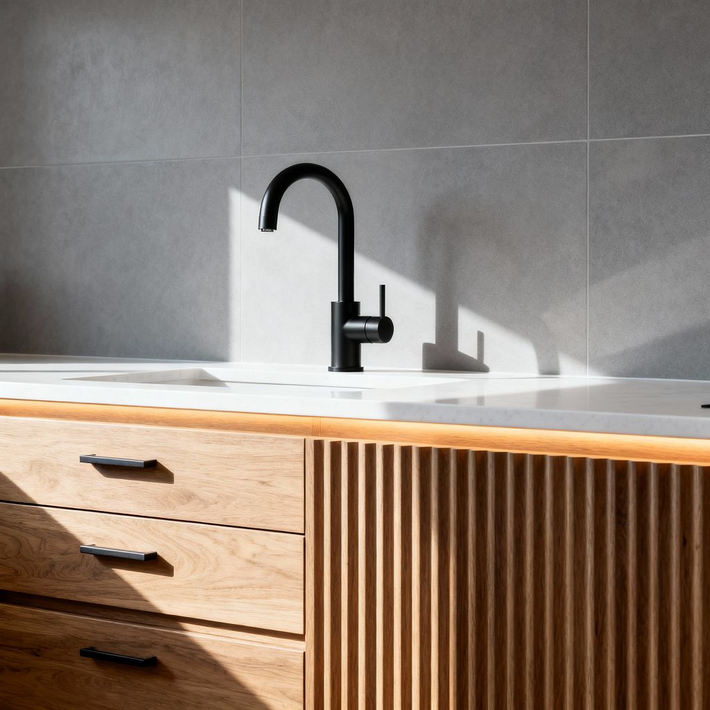 A close-up of a modern kitchen sink shows a white integrated basin set in a white countertop, paired with a curved matte-black single-lever faucet. Below, light natural oak cabinetry combines flat-panel drawers with black pulls and a vertical fluted door, accented by a warm LED strip at the counter edge; a large-format soft-gray porcelain tile backsplash and sharp sunlight casting angled shadows complete the minimal, clean-lined composition.