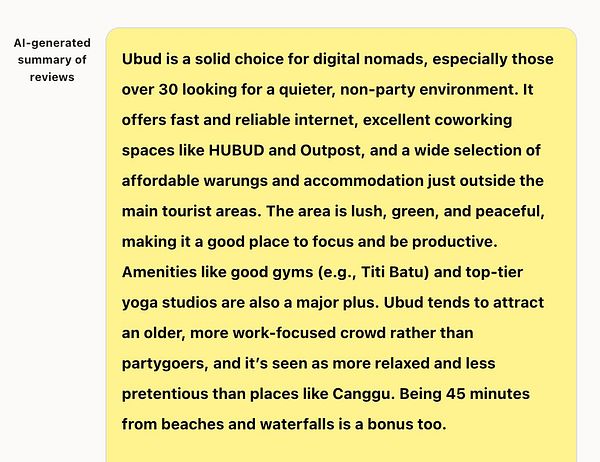 The image displays an AI-generated summary of reviews about Ubud as a destination for digital nomads.