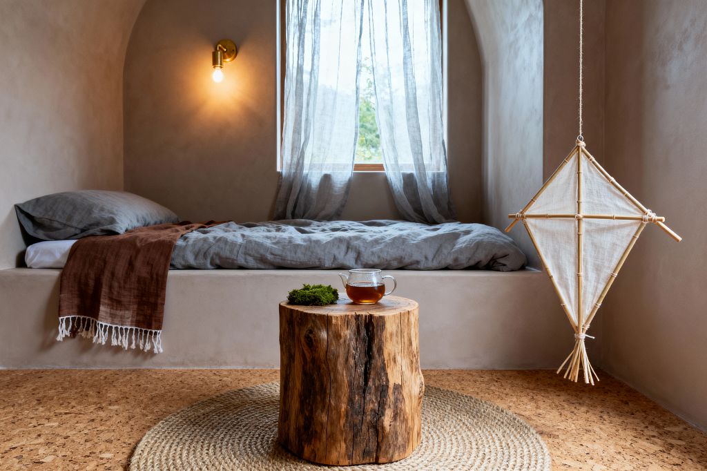 A minimalist kids’ room features an arched plaster alcove with a built-in low bed dressed in gray linen and a rust-fringed throw. A brass wall sconce with an exposed bulb glows beside gauzy gray curtains over a small window; a raw tree-stump table sits on a round jute rug atop cork flooring, while a hanging bamboo-and-cloth kite adds a simple, handmade touch.