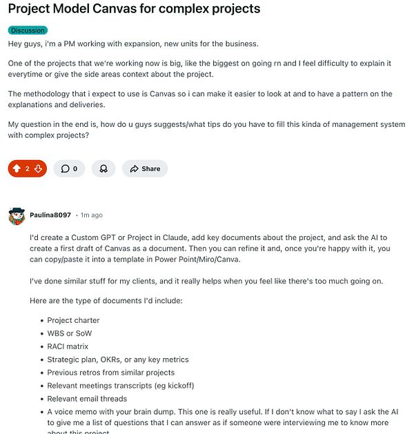 Screenshot of an r/projectmanagement subreddit discussion webpage featuring a question about project control charts.