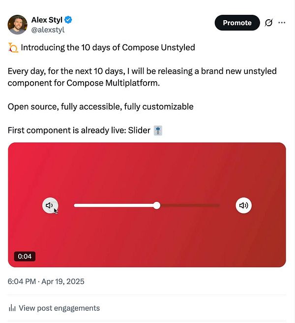 A promotional tweet announcing the launch of a new Slider component for Compose Unstyled.