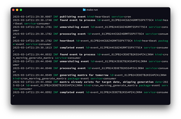 A terminal window displaying log entries related to a mantra generation service.