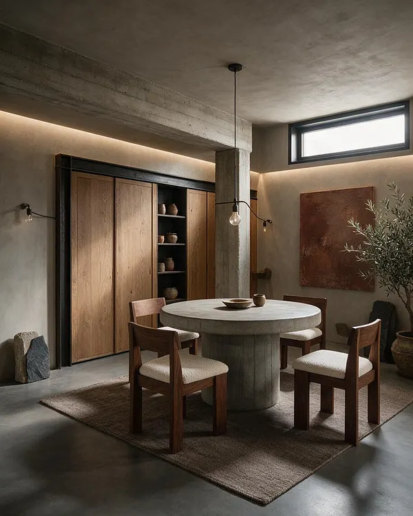 A Brutalist-style dining room with a round concrete pedestal table surrounded by four wooden chairs with light upholstered seats. The space features a raw concrete ceiling beam, plaster walls, a narrow horizontal window, built-in oak cabinetry, and soft warm lighting.