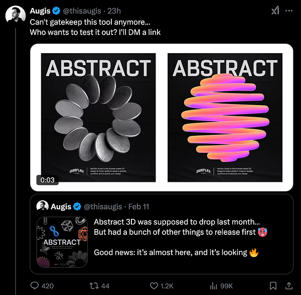 The image features a tweet showcasing two distinct 3D design tools with a promotional message.