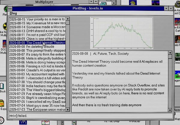 Screenshot of Windows 3.11 desktop showing the Program Manager with directories and a task description related to PietBlog.exe.