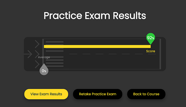 Screenshot of an FAA Knowledge Exam practice test result showing a score of 92%.