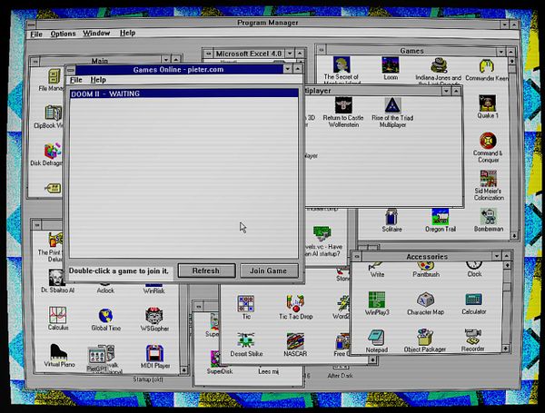 Screenshot of a Windows 3.11 application interface for GAMES.EXE showing a list of live multiplayer games and options for joining them.