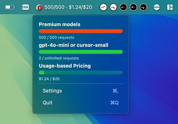 The image displays a user interface for an application showing usage statistics and pricing details.