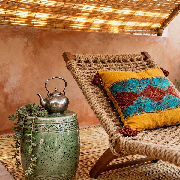 Close-up of a Bohemian patio vignette with a woven jute lounge chair on a wooden frame, styled with a mustard cushion featuring teal and rust geometric embroidery and tassels. Beside it, a speckled sage green ceramic garden stool holds a silver teapot and a trailing succulent, set on a bamboo reed mat beneath a slatted bamboo canopy that filters warm light onto a terracotta plaster wall.