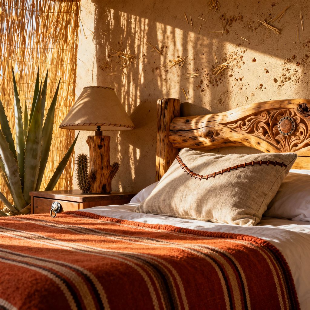 A sunlit Southwestern bedroom shows a carved knotty wood headboard and white bedding topped with a linen pillow edged in leather whipstitching and a rust striped wool blanket. A wooden nightstand holds a wood-base lamp with a stitched rawhide shade and a small cactus, while an agave stands by a window screened with woven reeds that cast shadows across a straw-flecked adobe wall.