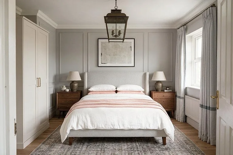 A Transitional bedroom in the Gray and Blush palette: warm gray, white, blush, walnut, and pale gray