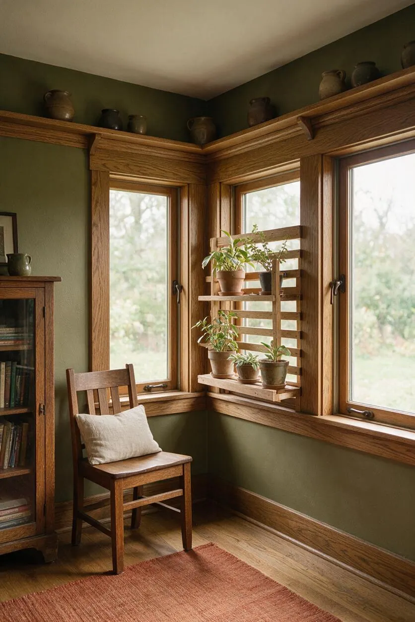 A cozy Craftsman-style sunroom with olive green walls, warm oak window trim, and large corner windows letting in soft natural light. A wooden chair with a light cushion sits beside a bookcase, while a slatted plant shelf holds several potted plants and decorative pottery lines the upper trim.
