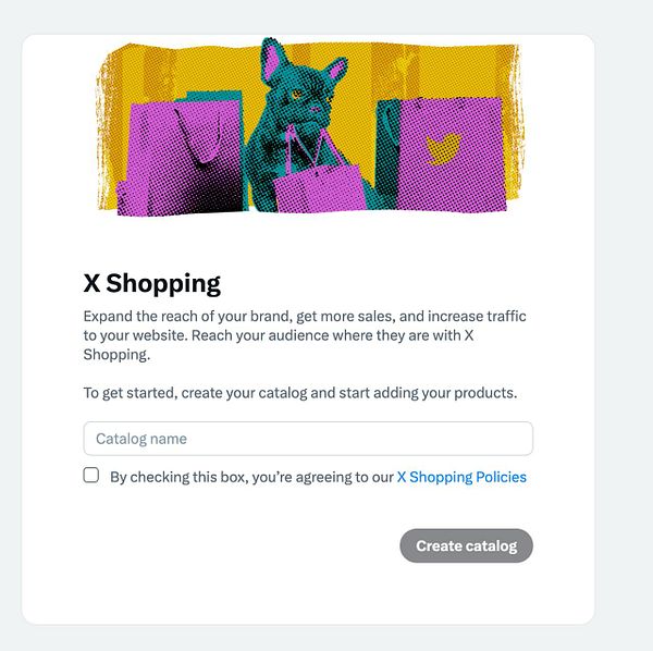 The image displays a promotional interface for X Shopping, featuring a stylized illustration of a dog with shopping bags.