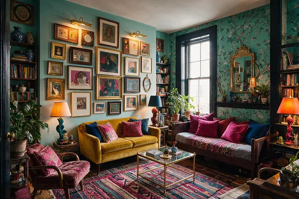 A colorful studio apartment living area filled with layered decor, featuring a mustard yellow sofa, a wooden daybed with magenta cushions, and a pink velvet chair. The walls combine teal paint and floral wallpaper, with a large gallery of framed artwork, brass lamps, bookshelves, plants, and a patterned rug covering the floor.