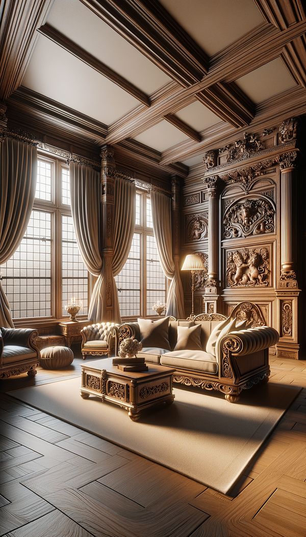 a living room designed in Flemish style, featuring carved wooden furniture, heavy drapery, and warm lighting