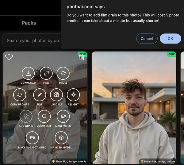 The image displays a user interface for a photo editing application with options for enhancing a photo of a man.