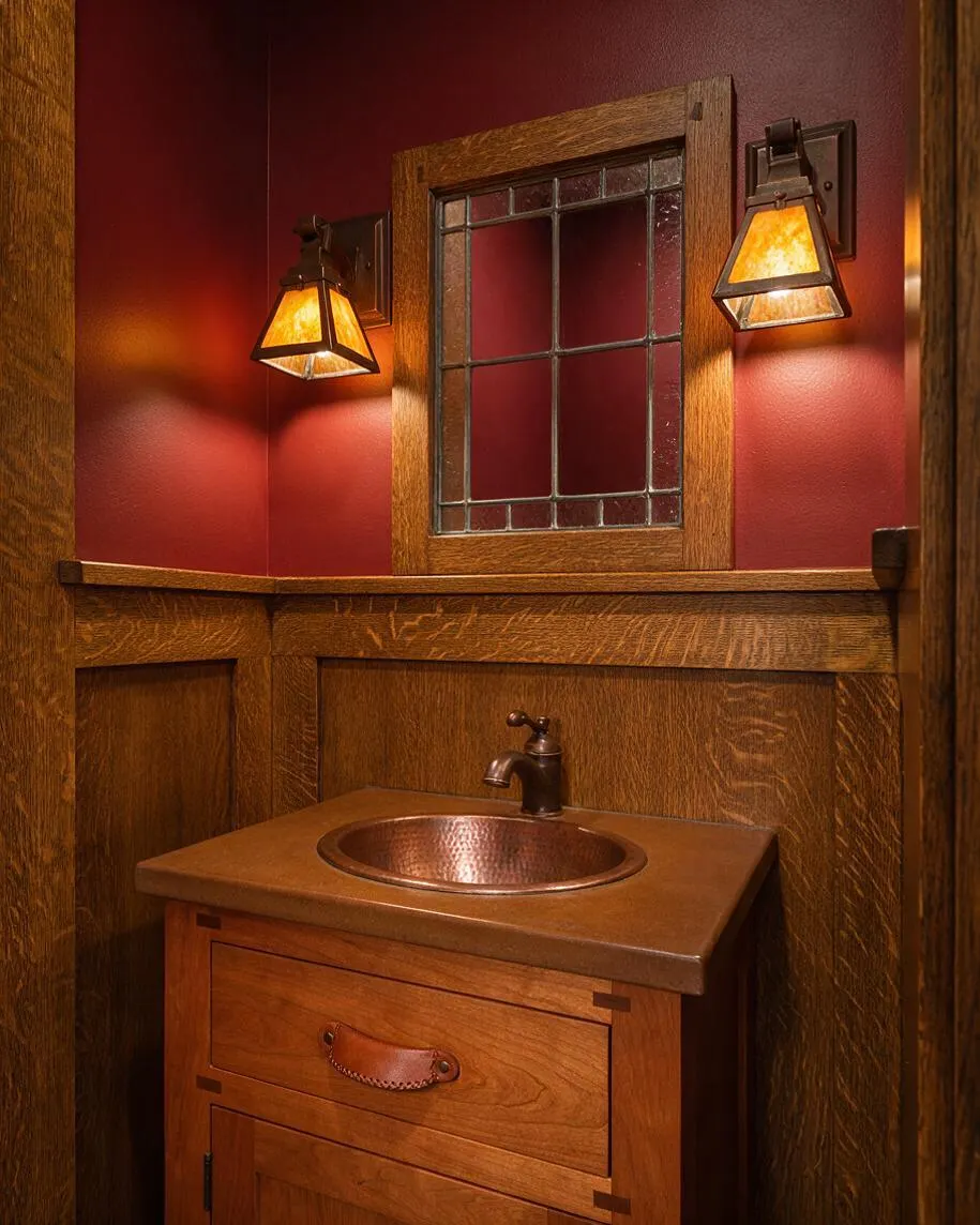 A compact Craftsman-style powder room with deep red walls, rich wood wainscoting, and a framed leaded-glass mirror centered above a copper sink. Matching lantern sconces cast a warm amber glow over the rustic wood vanity and dark bronze faucet.