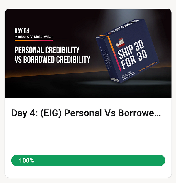 The image features a task completion screen for Day 4 of the Ship30for30 program, focusing on personal versus borrowed credibility.