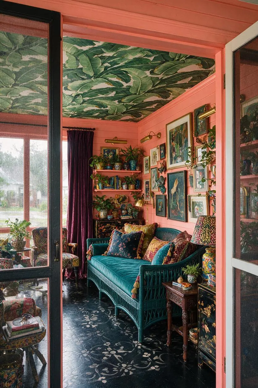 A colorful front porch filled with layered decor, featuring coral pink walls, a leafy green botanical ceiling, and a teal woven daybed piled with patterned pillows. The space includes framed artwork, potted plants, purple drapery, a dark floral floor, and eclectic vintage-style furnishings.