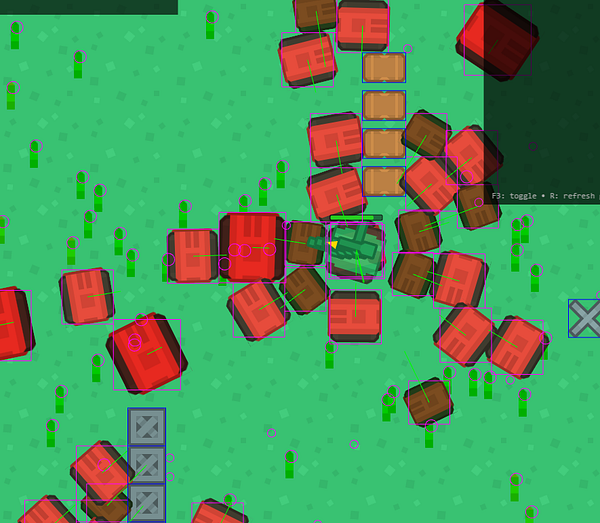 The image depicts a top-down view of a tank game with various obstacles and enemies.