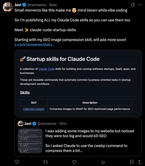Screenshot of a Twitter post about a Claude AI skill with user comments and UI elements.