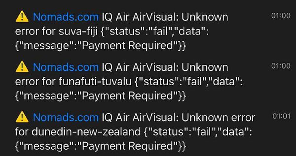 The image displays error messages related to air quality data retrieval from various locations.