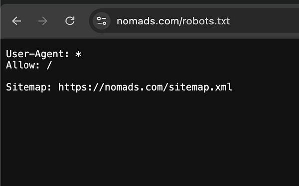 The image displays the content of a robots.txt file for the website nomads.com.