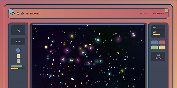 The image depicts a stylized telescope interface displaying a starry sky with various colorful celestial objects.