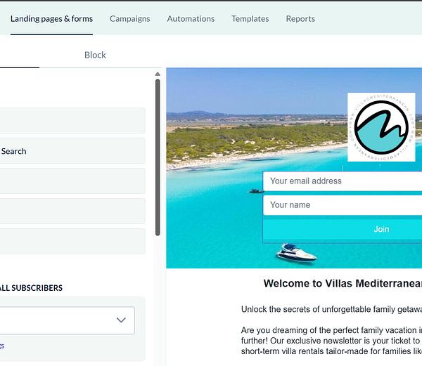 A landing page design for the Villas Mediterranean newsletter featuring a scenic beach background and a subscription form.