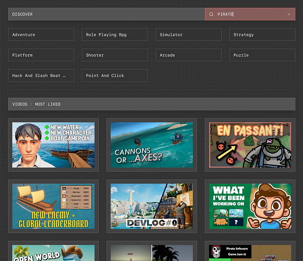 The image displays a user interface for discovering pirate-themed indie games, featuring various game categories and video thumbnails.