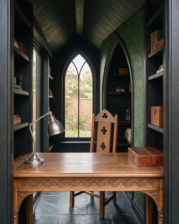 A narrow gothic-style backyard study or garden room with dark painted walls, pointed arched windows, and built-in shelves. A carved wooden desk, metal task lamp, and leather box sit inside, while a small grassy backyard is visible through the tall window.