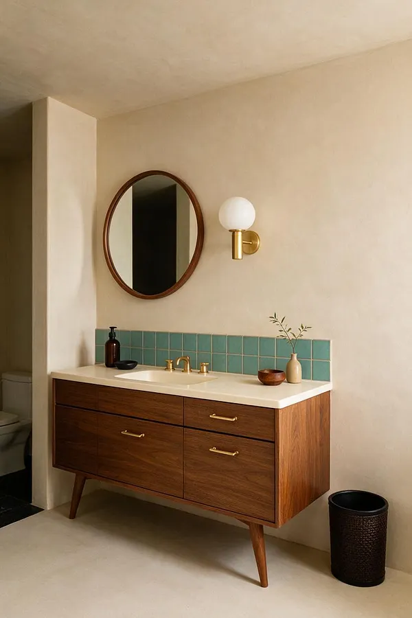 A Mid-Century Modern bathroom vanity with a walnut cabinet on tapered legs, a white integrated sink, and brass hardware. Above it, a round wood-framed mirror and a globe wall sconce sit against a cream wall, with teal square tile backsplash adding color.