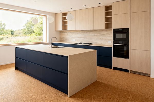 A bright modern kitchen features deep navy lower cabinets with handleless fronts, light oak upper cabinetry with open cubbies, and a sandy beige quartz waterfall island with an undermount sink and stainless gooseneck faucet. A travertine slab backsplash runs behind an integrated gas cooktop, while stacked black wall ovens, globe pendant lights, recessed ceiling spots, cork flooring, and a large picture window framing greenery complete the calm, minimalist space.