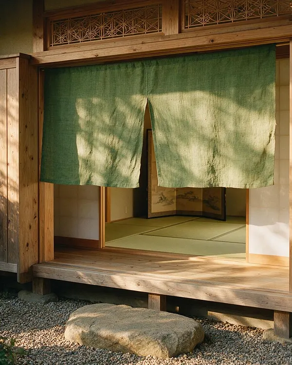 A Japanese Zen exterior entrance with natural wood framing, a green noren curtain hanging across the doorway, and tatami visible inside. Gravel covers the ground, with a flat stepping stone in front and soft sunlight creating a calm, organic atmosphere.