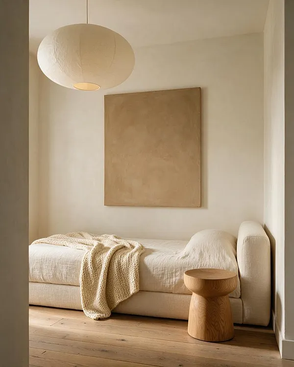 A serene guest bedroom with a low cream upholstered bed, a chunky knit throw draped across white bedding, and a simple abstract canvas on the wall. The room features warm wood flooring, a sculptural wooden side table, and a large paper lantern pendant that adds soft ambient light.