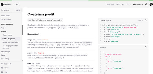 The image displays a section of the OpenAI API documentation for creating image edits.