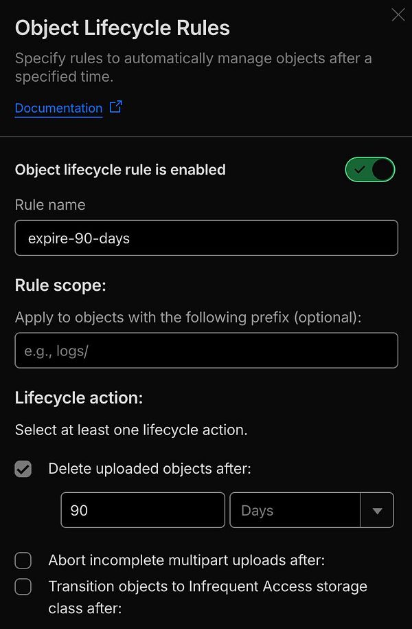 User interface for configuring object lifecycle rules with an enabled rule named 'expire-90-days' that deletes uploaded objects after 90 days.