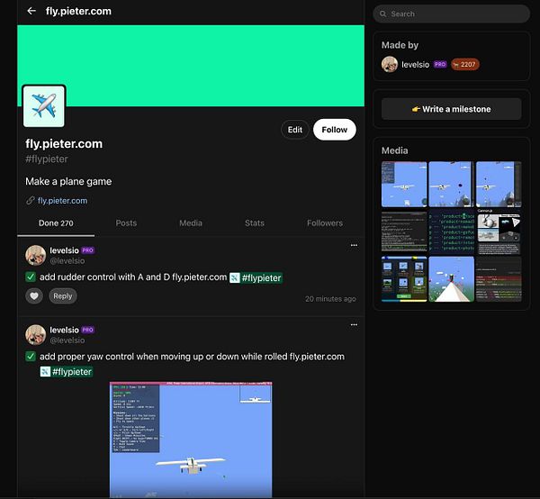The image displays a project management interface for the #flypieter project, featuring task updates and media related to a plane game.
