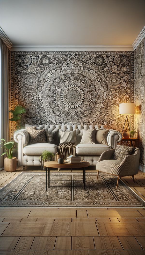 A cozy living room featuring an intricate allover patterned wallpaper, with a focus on how the pattern seamlessly covers the entire wall, creating a cohesive and stylish look.